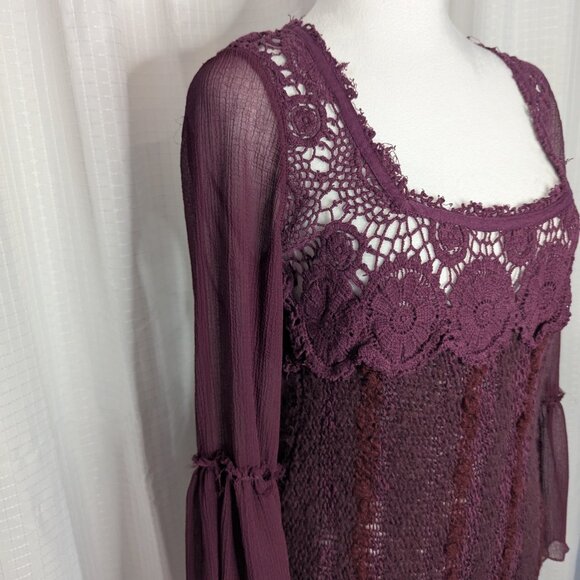 Free People Burgundy Knit and Crochet Dress, Size M, Bell Sleeves - Picture 4 of 8